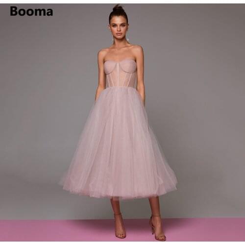 Booma Simple Green Tulle Midi Prom Dresses Sweetheart Boning Illusion A-Line Prom Gowns Pleated Tea-Length Wedding Party Dresses
