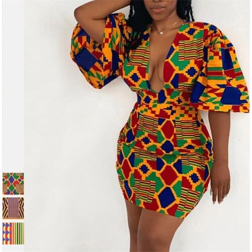 African Women Clothes Geometry Colour Print Dress 2021 Fashion Sexy V Neck Flared Sleeve Party African Dresses for Women