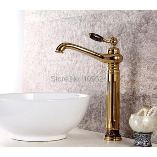 Free shipping Gold PVD clour single hole Bathroom tall Vessel sink crystal faucet mixer tap