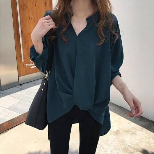 Plus Size 3XL Woman Chiffon Shirt Long Sleeve Women Spring Summer Fall Solid Color V-neck Loose Blouse Female Fashion Casual Top