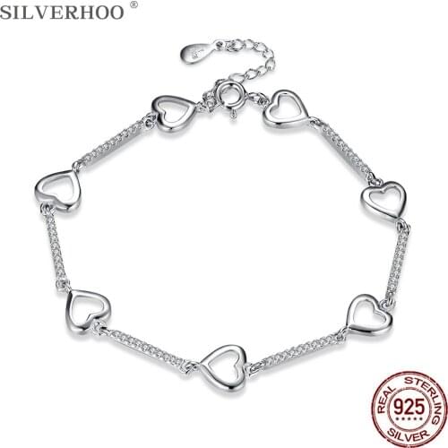 SILVERHOO 925 Sterling Silver Romantic Love Bracelet Women Simple Heart Charm Bracelets Fine Jewelry Anniversary Gift Hot Sale