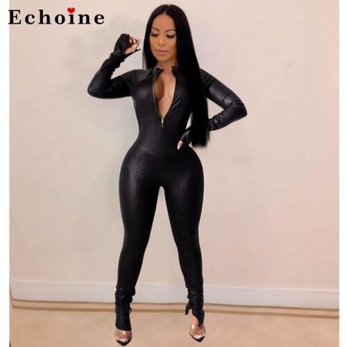 Echoine Black Snakeskin Print Zipper Jumpsuit Woman Stand Neck Long Sleeve Open Back Pencil Pants Side Split Party Wear Rompers