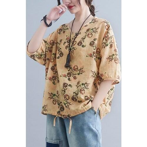 Thin Soft Cotton Linen Cozy Womens Tops Loose Summer T Shirts Print Floral Vintage Tshirt Travel Casual T-shirt Tees Shirts