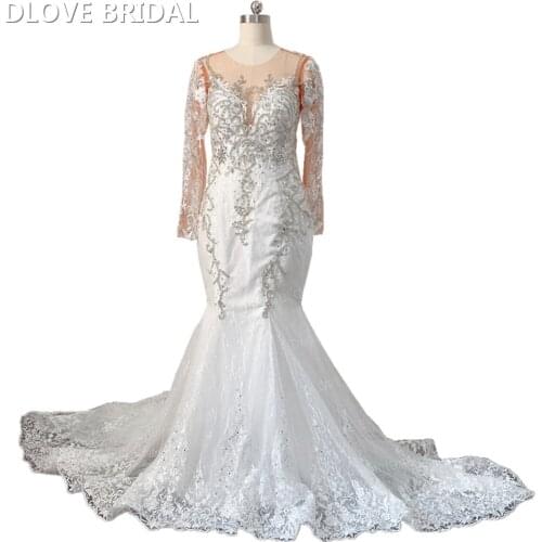 Illusion Long Sleeve Mermaid Wedding Dress High Quality Lace Royal Train Bridal Gown New Arrival