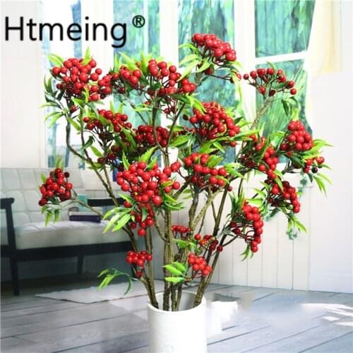 Artificial fruits Hawthorn berries fake plants stem branches With Leaf artificial flowers Wedding Home Party Hotel Decor DIY