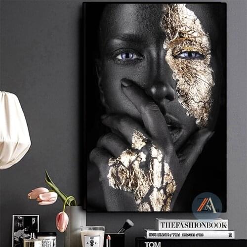 African Art Black and Gold Woman Oil Painting on Canvas Cuadros Posters and Prints Scandinavian Wall Art Picture for Living Room
