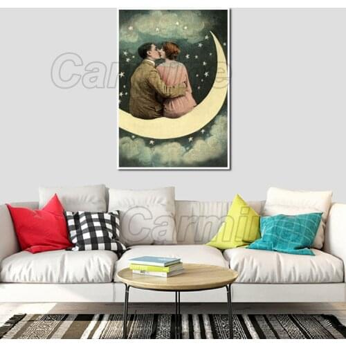 Figure Painting Kiss On The Moon Hd Print Painting Poster Home Living Room and Bedroom Wall Art Decoration Can Be Customized