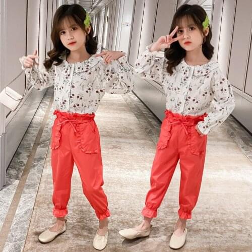 Girls Suits Blouse +Pant Sets 2021 Cherry Spring Autumn High Quality Formal Party Outfits Sport Teenagers Kids Cotton Tracksuits