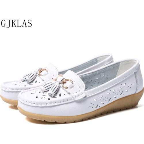Tassels Genuine Leather Loafer Woman Flats Hollow Out Comfortable Nursing Shoes for Nurses Size 43 44 Sapatos Oxford Femenino