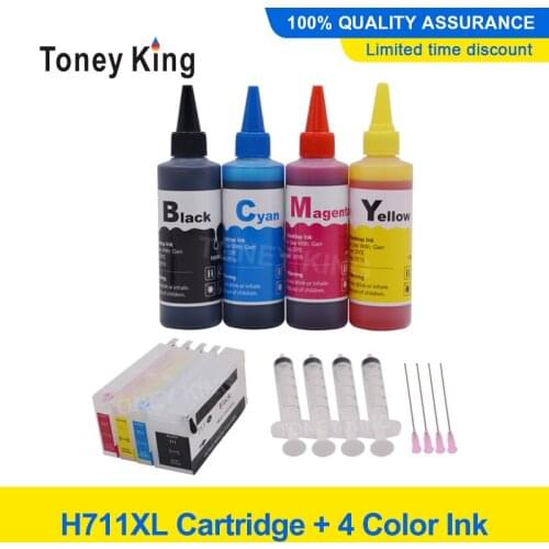 Toney King 100ml Printer Ink Refill Kit + Refillable Ink Cartridge For HP 711 XL T520 36 T520 610 T520 914 T120 24 Printer
