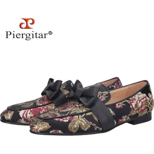 Piergitar 2021 New Style Floral Printed Silk Men Moccasin Handmade Leather Butterfly-Knot Mens Loafers Plus Size Man Flat Shoes
