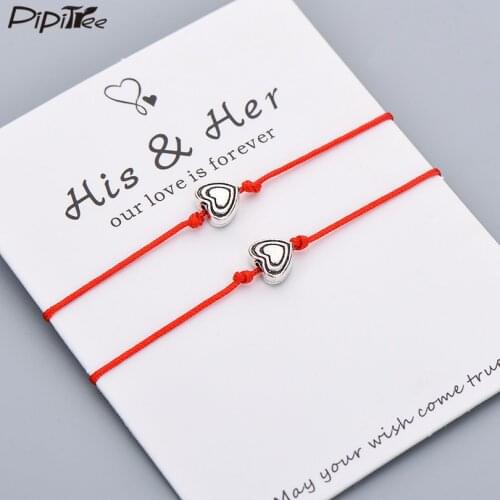 Pipitree 2pcs/set Love Heart Couple Bracelet His Her Lucky Red String Charm Bracelets for Women Men Lover Jewelry Wish Card Gift