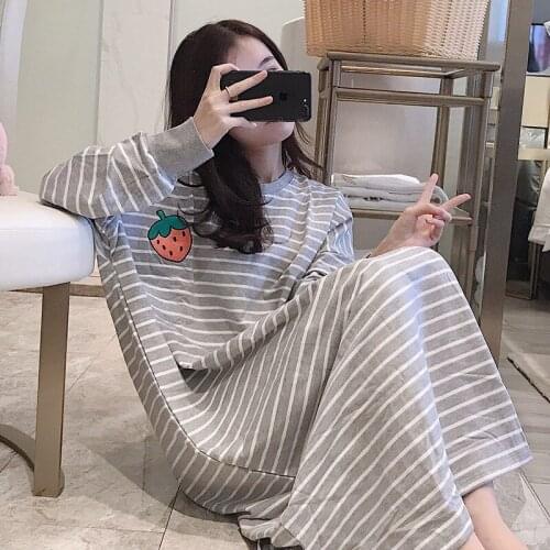 Casual Striped 100% Cotton Nightgowns for Women Autumn Long Sleeve Loose Sleepwear Night Dress Loungewear Nightdress Home Dress