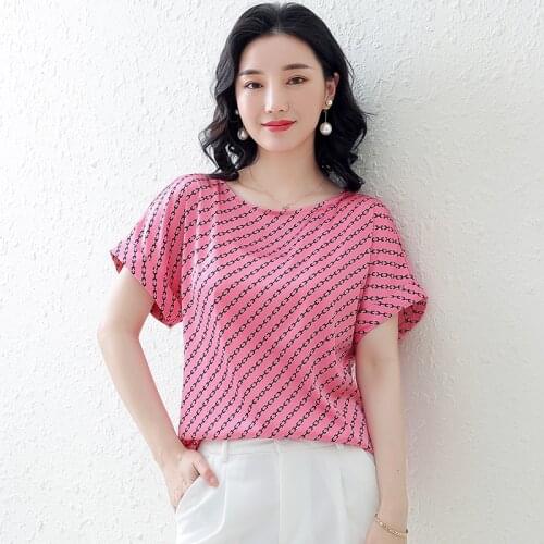 Summer plaid chain satin silk shirt women blouse Ladies fashion loose short sleeve work tops female clothes