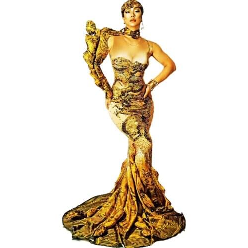 Party Dress For Women Gold Floor-Length One Off Shoulder Costume Theatrical Costume For Women Neck-Mounted Clothing