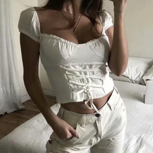 XEASY Women Sexy Off Shoulder Casual Lace Bandage Tank Shirt Tops Tanks White Front Bandage Tie Shirts Harajuku Slim
