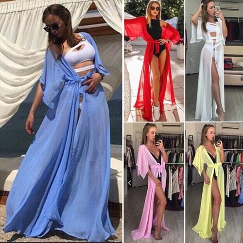 Women Bikini Cover-Up Summer Sexy Ladies Beachwear Tunic Swimsuit Solid Color Sashes Ruffles Fashion Chiffon Swimwear
