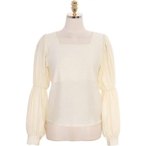 PERHAPS U Women Beige Solid Top Shirt Slash Neck Long Sleeve Shirt Spring Summer Puff Sleeve B0562