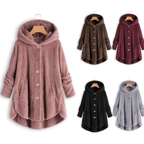 Autumn and Winter Womens Plaid Loose Plus Velvet Button Street Hooded Jacket Plush Blouse Irregular Tide Brand Solid Color Coat