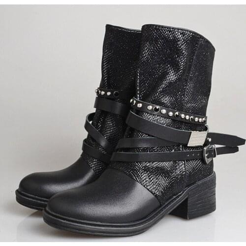 Western Punk Winter Genuine Leather Women Biker Riding Boots Studdded Motorcycle Shoes Chunky Heels Retro Cowboy Pleated Botas
