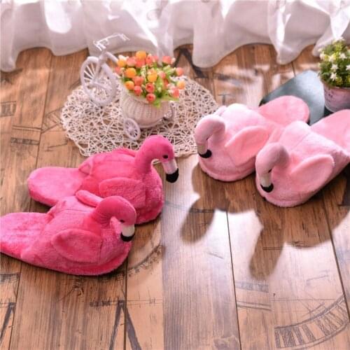 Women Winter Home Slippers Cartoon Flamingo Non-slip Bedroom Floor Shoes Plush Slides Ladies Snug Sneakers House Slippers