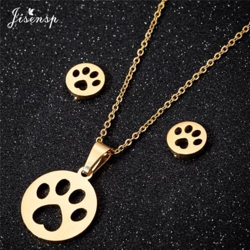 Hollow Pet Paw Footprint Pendant Necklace for Women Stainless Steel Jewelry Set Lovely Animal Earrings Stud collier homme
