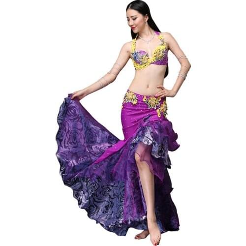 Women Performance Belly Dance Costume Beaded Bras + 2 Layers Long Skirt Carnival Bollywood Girls Skirts (no Belt) Dancewear