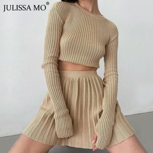 JULISSA MO Womens Knit Two Piece Sets Autumn Long Sleeve Tops Pleated Skirts Dress Suits Ladies Casual Matching Outfits Clothes