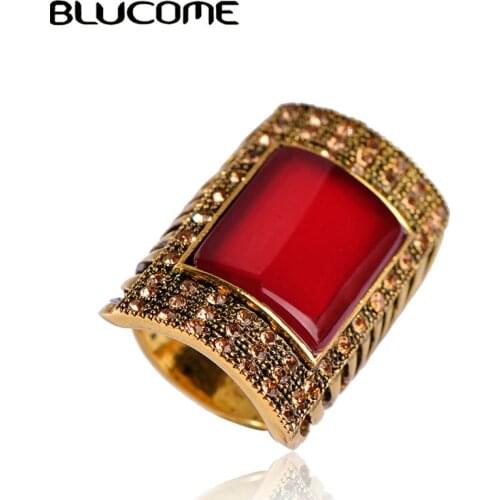Blucome Clearance Turkish Finger Jewelry Retro Style Red Large Ring Square Female Ring Resin Womens Wedding Party Accessories