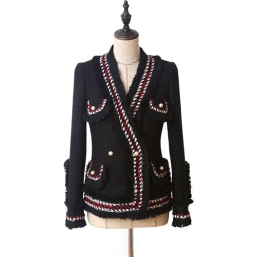 FadTweed jacket coat spring/autumn womens woolen cashmere coat long-sleeve slim tassel pearl button elegant runway jacket