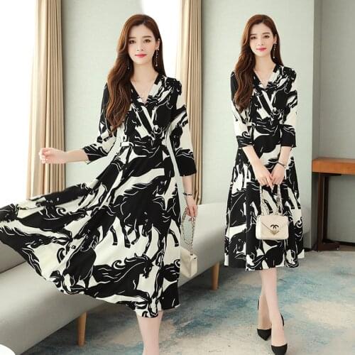 2021 Vintage Print Chiffon Midi Dresses Autumn Winter Female 3XL Plus Size Long Sleeve Dress Elegant Women Bodycon Party Vestido