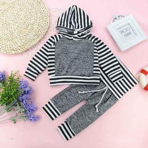 Infant Boy Girl Casual 2PCS Outfits Cotton Stripe Color Block Splicing Long Sleeve Hoodie Drawstring Long Pants Set