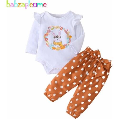 2PCS/Spring Newborn Baby Girls Clothes Cartoon Cute Long Sleeve Cotton Infant Bodysuits+Dot Bow Pants Kids Clothing Set BC1044-1