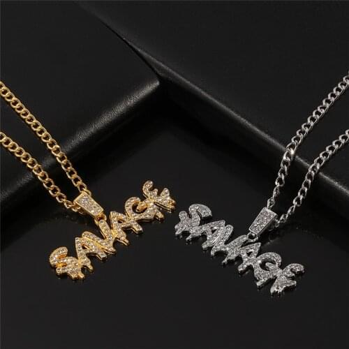 Fashion Mens Bling Bling Savage Letter Necklace & Pendant Shiny Ice Out Link Chain Necklace Choker Hip Hop Jewelry for Men