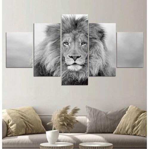 Black And White Animals Modular Canvas Pictures Art 5 Pieces Lion Poster Decor Living Room Wall HD Printing Paintings Framework