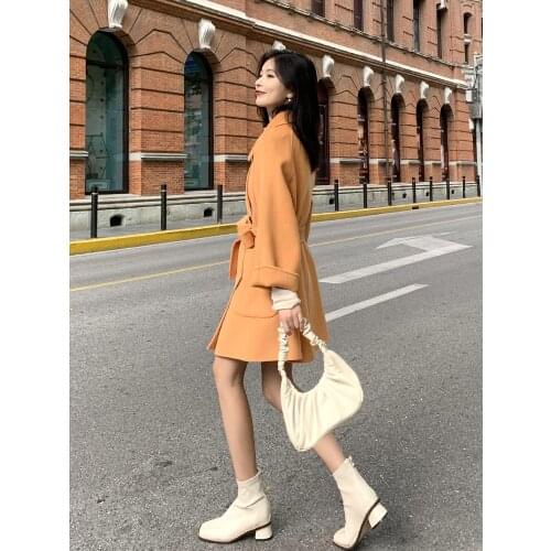 Double sided cashmere coat womens medium long autumn and winter 2021 new Korean style temperament small man cloak tweed coat