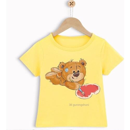 Bear Love Flower Painting Cartoon Print T-shirt for Boys Funny Kids Tshirt Summer Boys T Shirt Yellow Hip Hop Tops