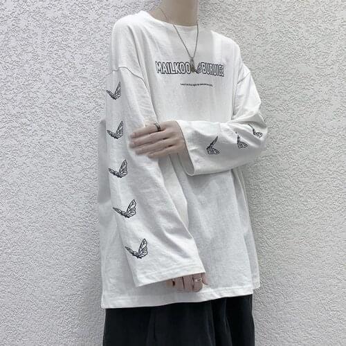 Harajuku printed t-shirt mens long-sleeved tshirt 2021 autumn new Korean fashion preppy style loose casual o-neck T-shirt trend