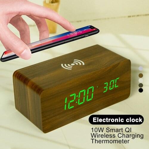 Creative Decoration Electronic Clock Mobile Phone Wireless Charging Wood Clock LED Digital Clock Sound Control Function