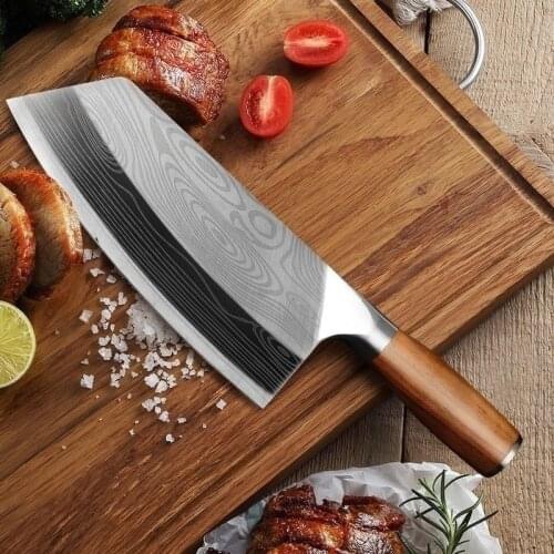 Kitchen Knife Damascus Laser Pattern Chinese Chef Knife Stainless Steel Butcher Meat Chopping Cleaver Knife Vegetable Cutter