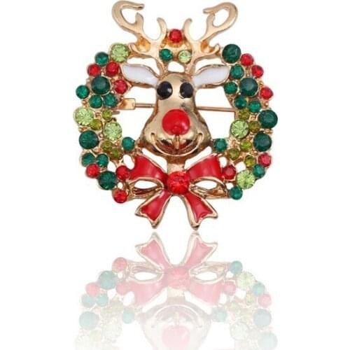 Trendy Wreath Christmas Brooch Pins Colorful Rhinestone deer Brooches For Women Gold Enamel Pins And Brooches Jewelry Xmas Gift