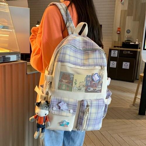 For Teengae Girls Fashion Shoulder Bags Female Kawaii Student School Backpack Cute Plaid Women Backpack Nylon School Bags