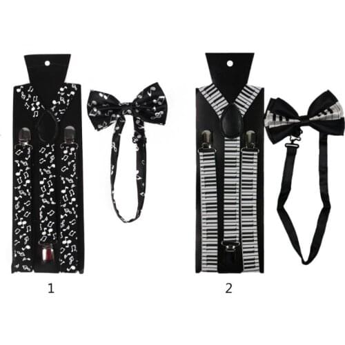 Men Women 2 In 1 Suspenders Bow Tie Set Black White Music Notes Piano Keyboard Print Adjustable Y-Back Belt Necktie