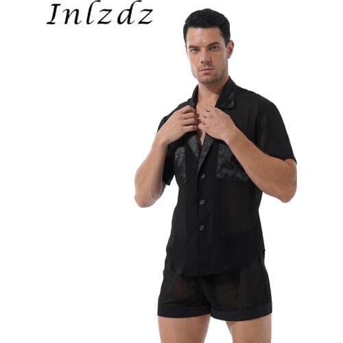 Mens Satin Patchwork Chiffon Male Pajama Set Lapel Short Sleeve Button Tops with Shorts See-through Sissy Nightwear Sleepwear