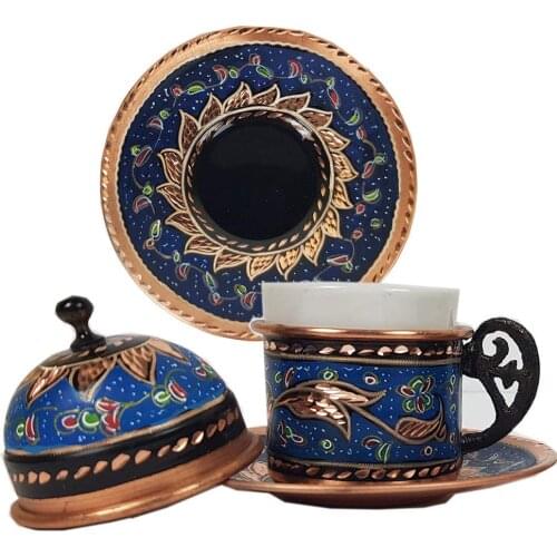 Set of 2) Turkish Greek Arabic Moroccan Coffee Espresso Cups Set of 2 and Saucers with Lid and Copper Holder Handle Demitasse V