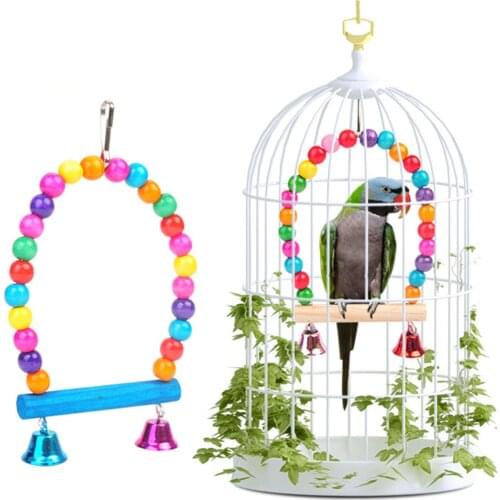 1PC Natural Wooden Parrots Swing Toy Birds Colorful Beads Bird Supplies Bells Toys Perch Hanging Swings Cage for Pets