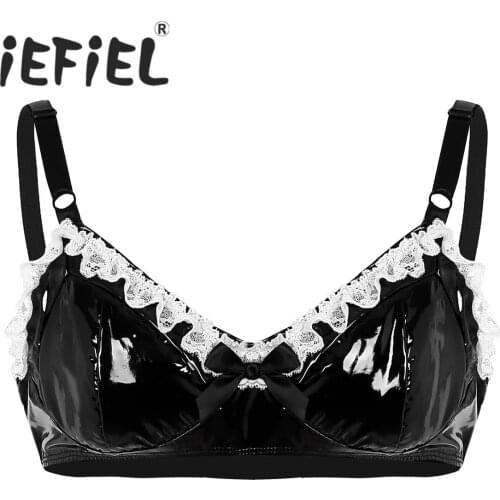 New Arrival Mens Bra Top Spaghetti Straps Lingerie Fashion Lace with Bowknot Wetlook Faux Leather Bra Top for Nightwear Clubwear