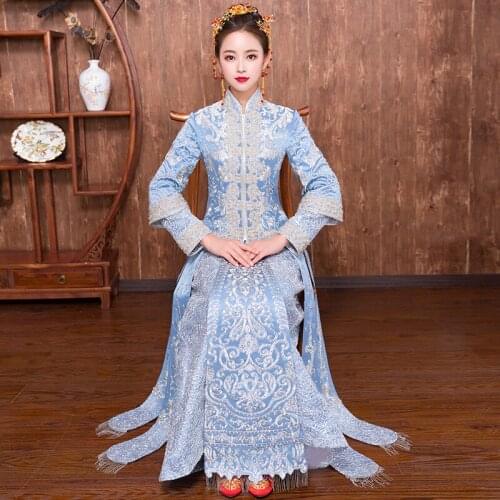 Chinese style bride wedding Embroidery cheongsam costume evening dress show clothing slim Style Phoenix Qipao Size S M L XL XXL