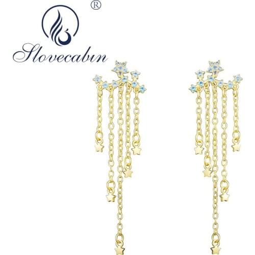 Slovecabin 925 Sterling Silver Blue Zircon Star Dangle Tassel Drop Earrings For Women Wedding Romantic Gold Chain Arete Jewelry