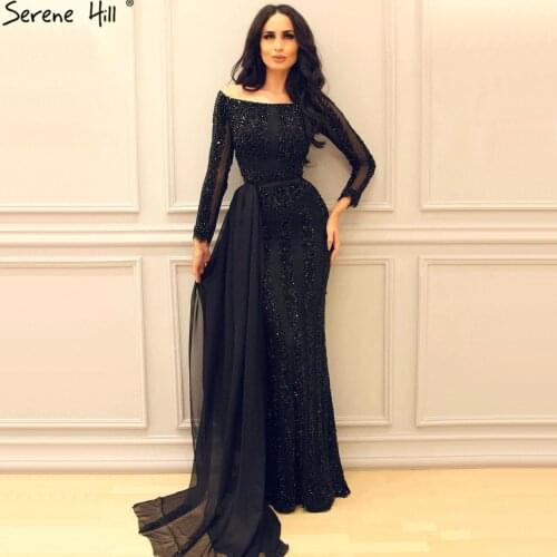 Long Sleeve Black Mermaid Tulle Evening Dresses Beading Sequined Formal Dress Real Photo 2020 Serene Hill LA6009